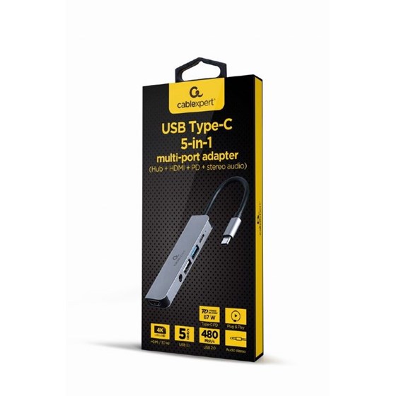 USB C HUB Gembird 5u1, 1x HDMI, 1x USB 3.1, 1x USB 2.0, 1x USB C PD 87W, 1x Audio 3.5mm, A-CM-COMBO5-02