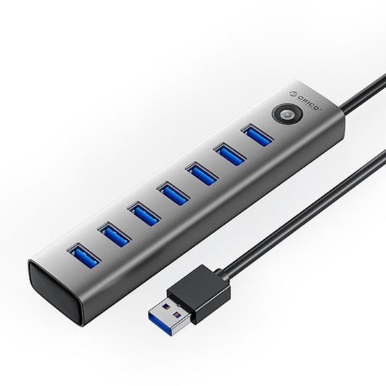 USB A Hub Orico 7x USB A 3.0 + USB C 5V/3A 1m sivi