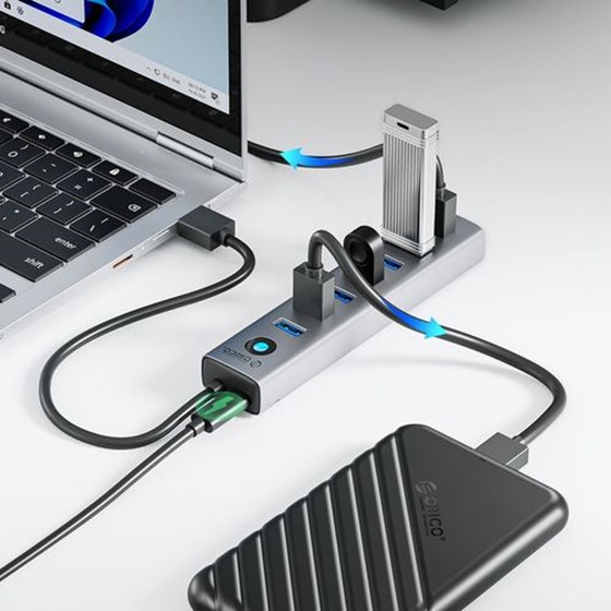 USB A Hub Orico 7x USB A 3.0 + USB C 5V/3A 1m sivi