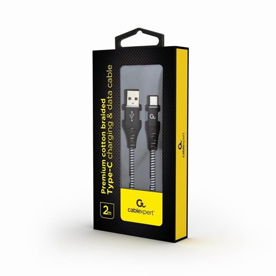 Kabel USB A - USB C 2m, 480 Mbps, 2.1A, Gembird Premium cotton braided, CC-USB2B-AMCM-2M-BW