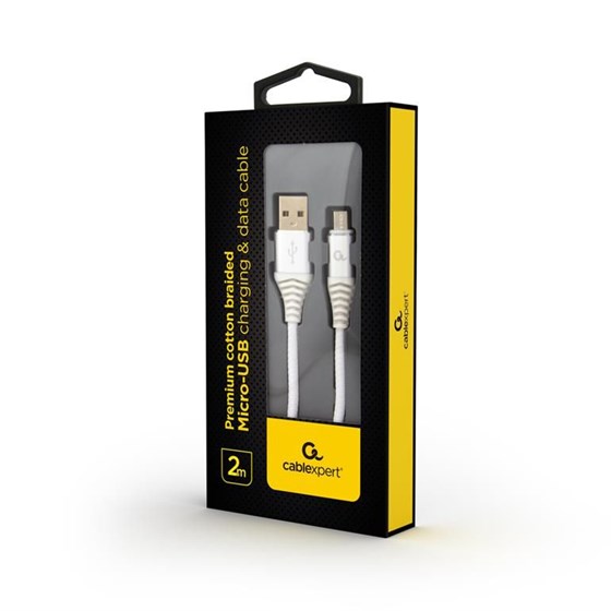 Kabel USB A - MicroUSB, 2m, USB 2.0 480 Mbps 2.A, Gembird Premium Cotton braided bijelo-sivi, CC-USB2B-AMmBM-2M-BW2