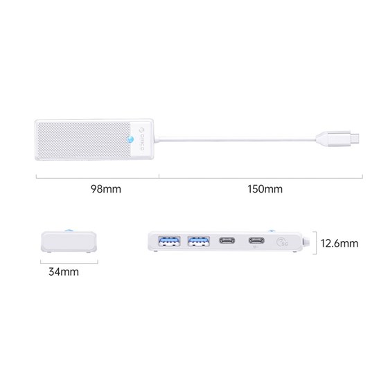 USB C HUB Orico 4 portni, 2x USB A 3.0, 2x USB C (1x USB C 100W), ORICO-PAPW2AC-C3-015-WH-EP